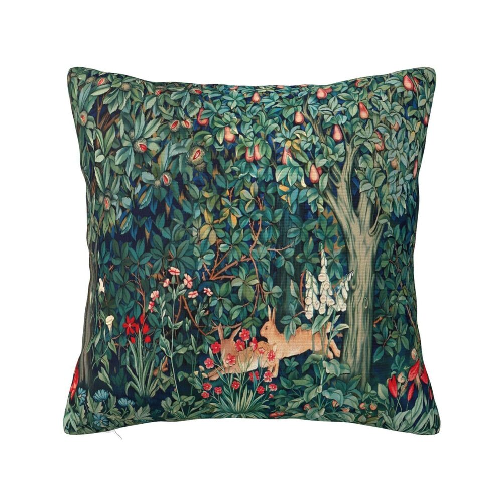 1565 William Morris Fox Hares Blue Green Floral Fores Throw Pillow Cover